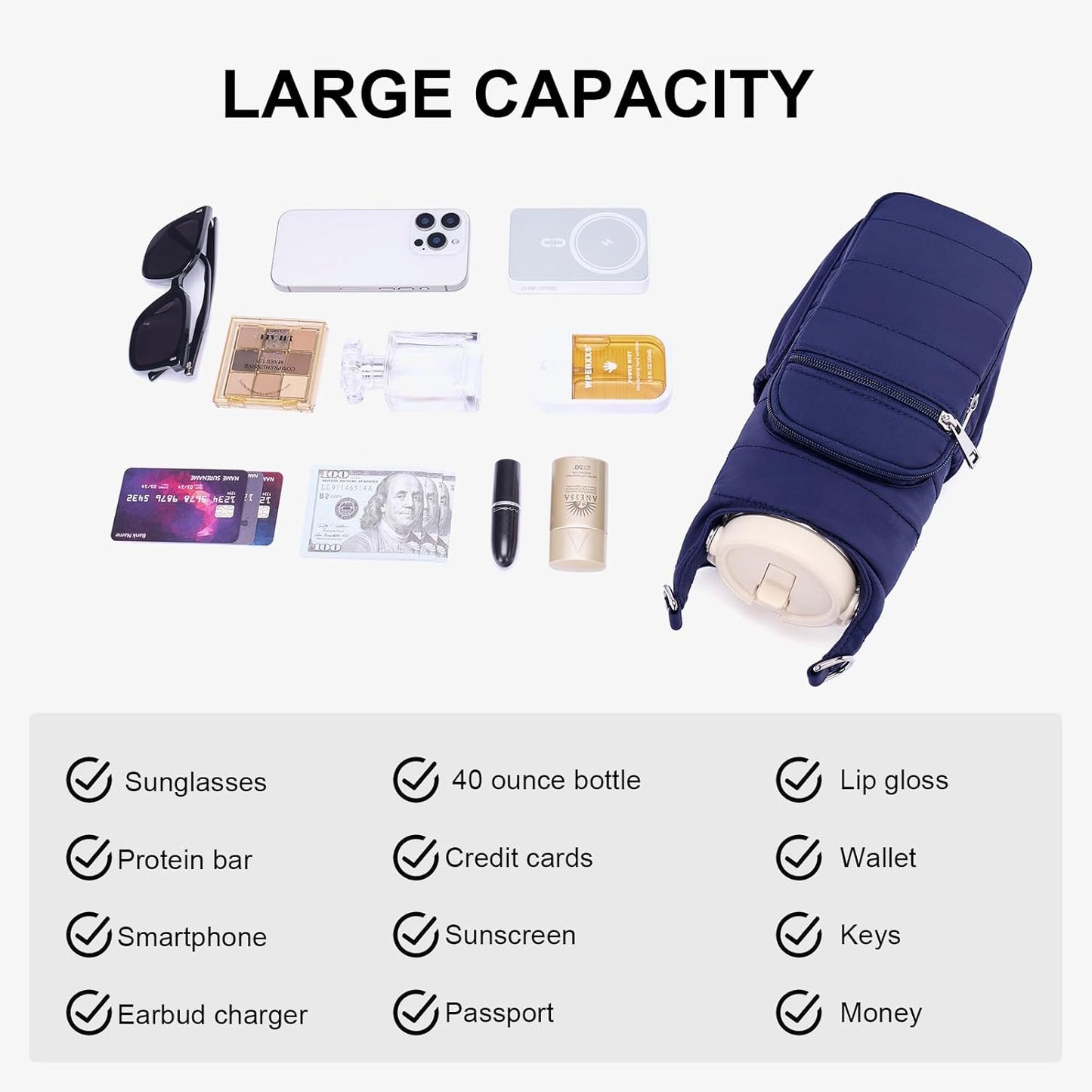 Water Bottle Bag 40 oz Crossbody Bag Insulated Carrier Purse Holder for Walking Hiking with Adjustable Strap