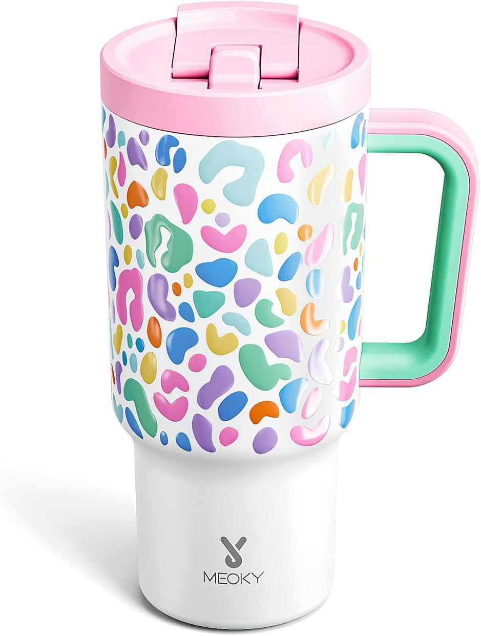 Meoky 32 oz Tumbler with Handle and Flip Straw, 100% Leakproof Tumbler with Lid and Straw, Stainless Steel Insulated Cup, Cupholder Friendly, Keeps Cold for 24 Hours (Night)