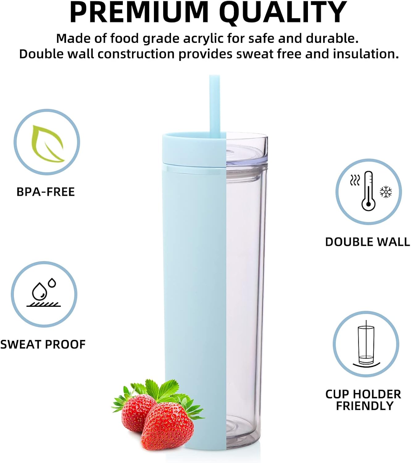 Volhoply 20oz Plastic Skinny Tumbler,Double Wall Tumblers with Lid and Straw,Reusable Travel Iced Coffee Mug,BPA Free Matte Acrylic Water Cups With Straw for Parties,DIY Gifts(Black,1 Set