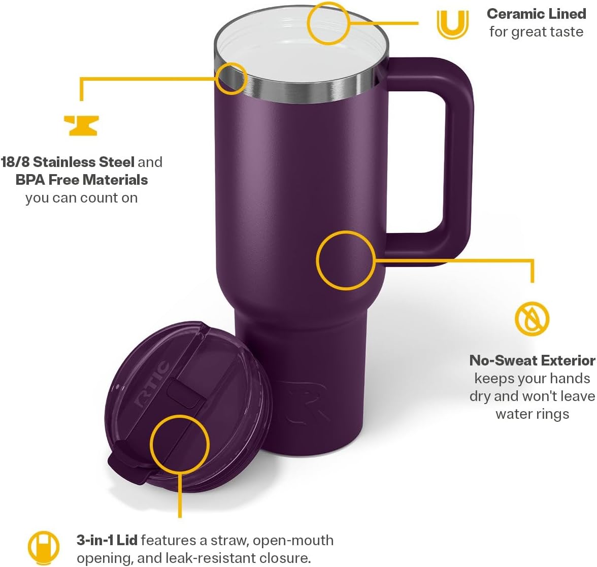 RTIC 30 oz Road Trip Tumbler Double-Walled Ceramic Lined InsulatedStainless Steel Portable Travel Coffee Mug Cup with Lid, Handle and Straw, Periwinkle Bouquet