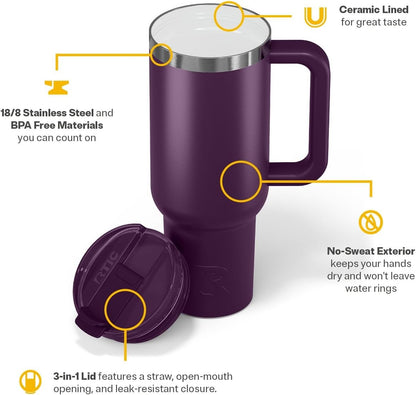 RTIC 30 oz Road Trip Tumbler Double-Walled Ceramic Lined InsulatedStainless Steel Portable Travel Coffee Mug Cup with Lid, Handle and Straw, Periwinkle Bouquet