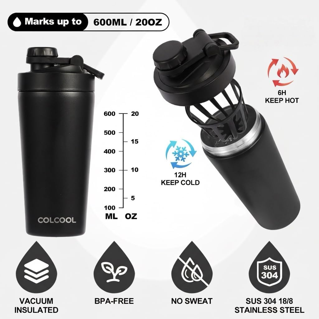 24oz Insulated Stainless Steel Protein Shaker Bottle with Extra Powder Storage, BPA-Free & Leakproof Shaker Cup, Removable Silent Mixing Strainer