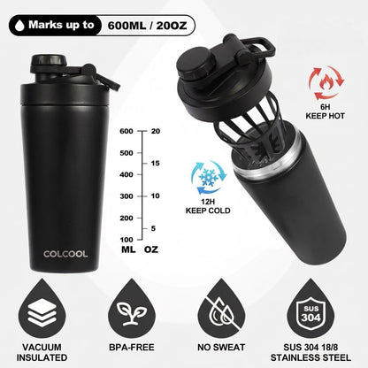 24oz Insulated Stainless Steel Protein Shaker Bottle with Extra Powder Storage, BPA-Free & Leakproof Shaker Cup, Removable Silent Mixing Strainer