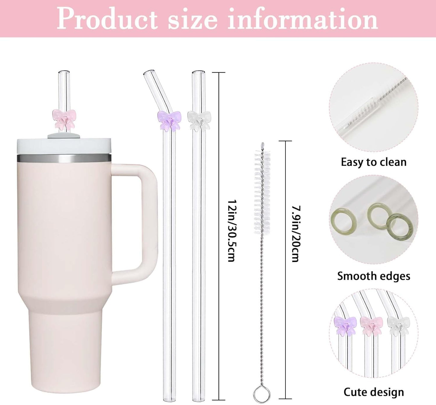 6 Pack Replacement Glass Straws for Stanley 40 oz 30 oz Tumbler, Reusable Cute Flower Glass Straws, Stanley Straw with Cleaning Brush Stanley Cup Accessories, 12 inches