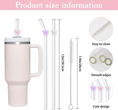 6 Pack Replacement Glass Straws for Stanley 40 oz 30 oz Tumbler, Reusable Cute Flower Glass Straws, Stanley Straw with Cleaning Brush Stanley Cup Accessories, 12 inches