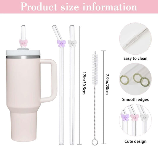 6 Pack Replacement Glass Straws for Stanley 40 oz 30 oz Tumbler, Reusable Cute Flower Glass Straws, Stanley Straw with Cleaning Brush Stanley Cup Accessories, 12 inches
