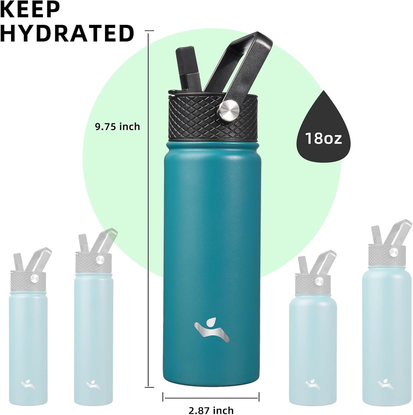 Konokyo 22oz Stainless Steel Bottles with 3 Lids Sport Insulated Water Bottle,Mint
