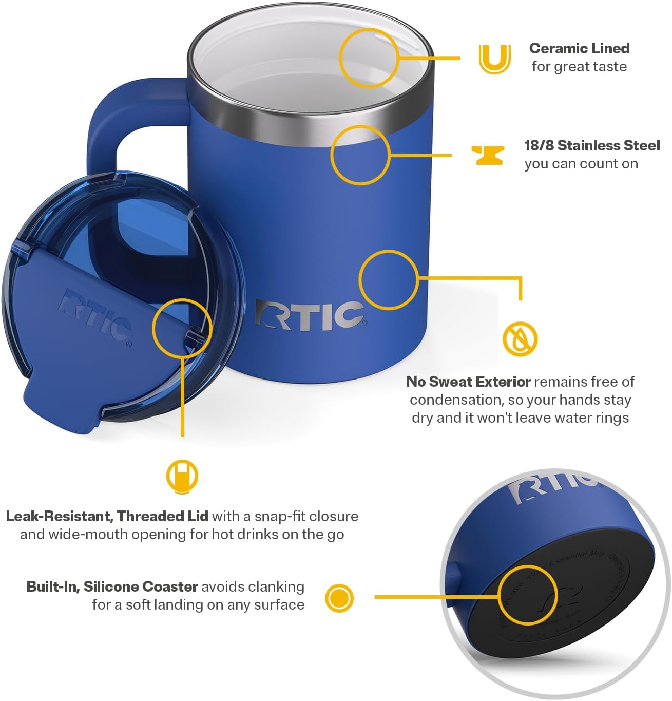 RTIC 12oz Essential Mug with Lid and Handle, Ceramic Lined, Insulated, Stainless Steel, Metal, Double Wall Vacuum-Insulation, Portable, Travel Cup for Hot and Cold Drink, Beach