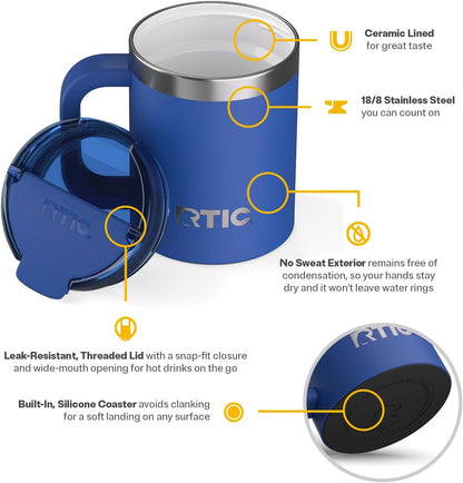 RTIC 12oz Essential Mug with Lid and Handle, Ceramic Lined, Insulated, Stainless Steel, Metal, Double Wall Vacuum-Insulation, Portable, Travel Cup for Hot and Cold Drink, Beach