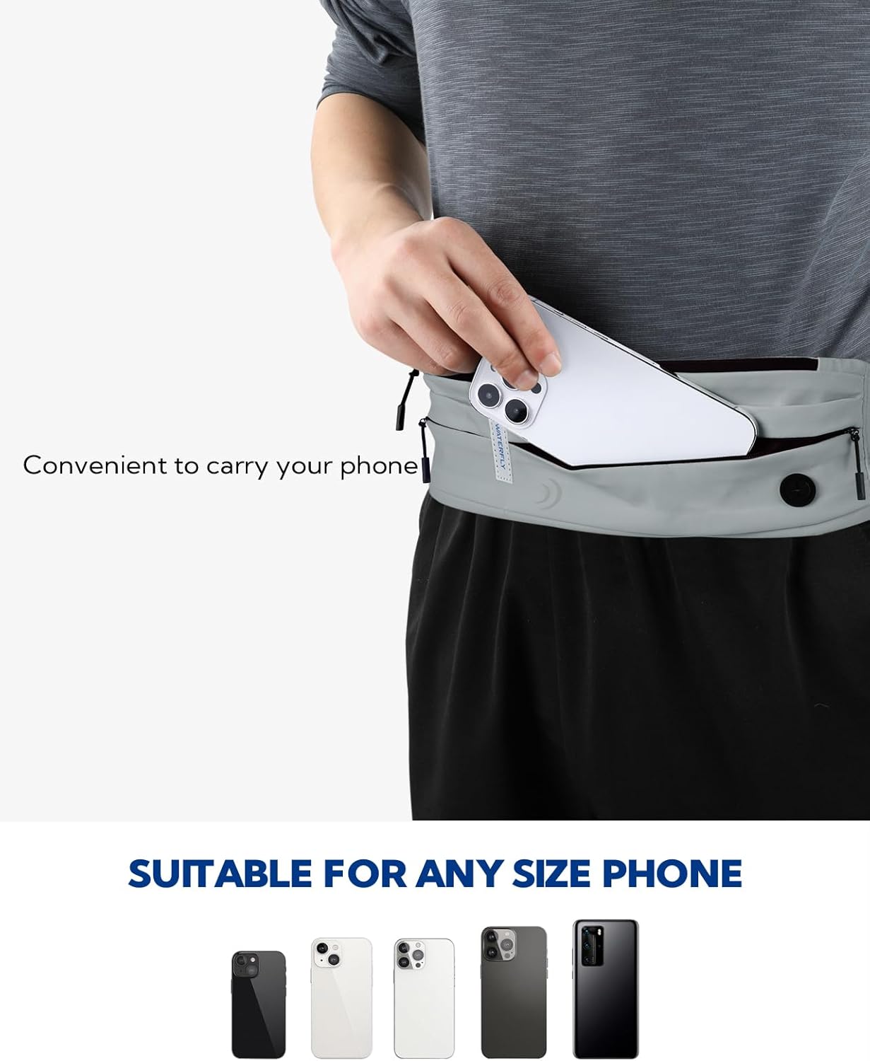WATERFLY Running Belt Fanny Pack: Runner Marathon Jogging Waist Pack Sport Workout Exercise Fitness Phone Holder Belt for Men Women Jogger Slim Waist Bag Black