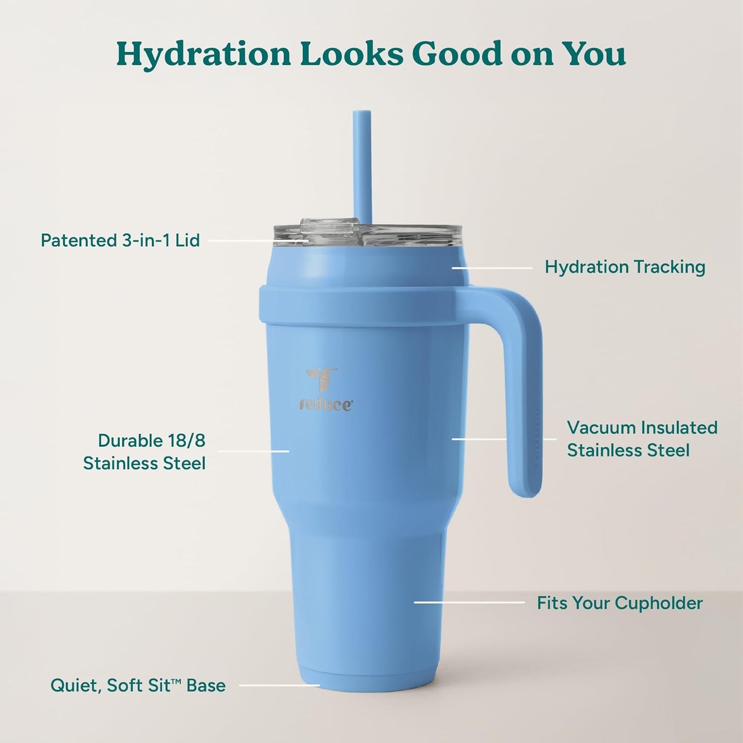 REDUCE 24 oz Stainless Steel Tumbler with Handle - Dual-Wall Vacuum Insulated Travel Mug, Sweat-Proof Lid & Reusable Straw - Keeps Drinks Cold for 24 Hrs, Fits Cupholders, Dishwasher Safe - Lilac Bud