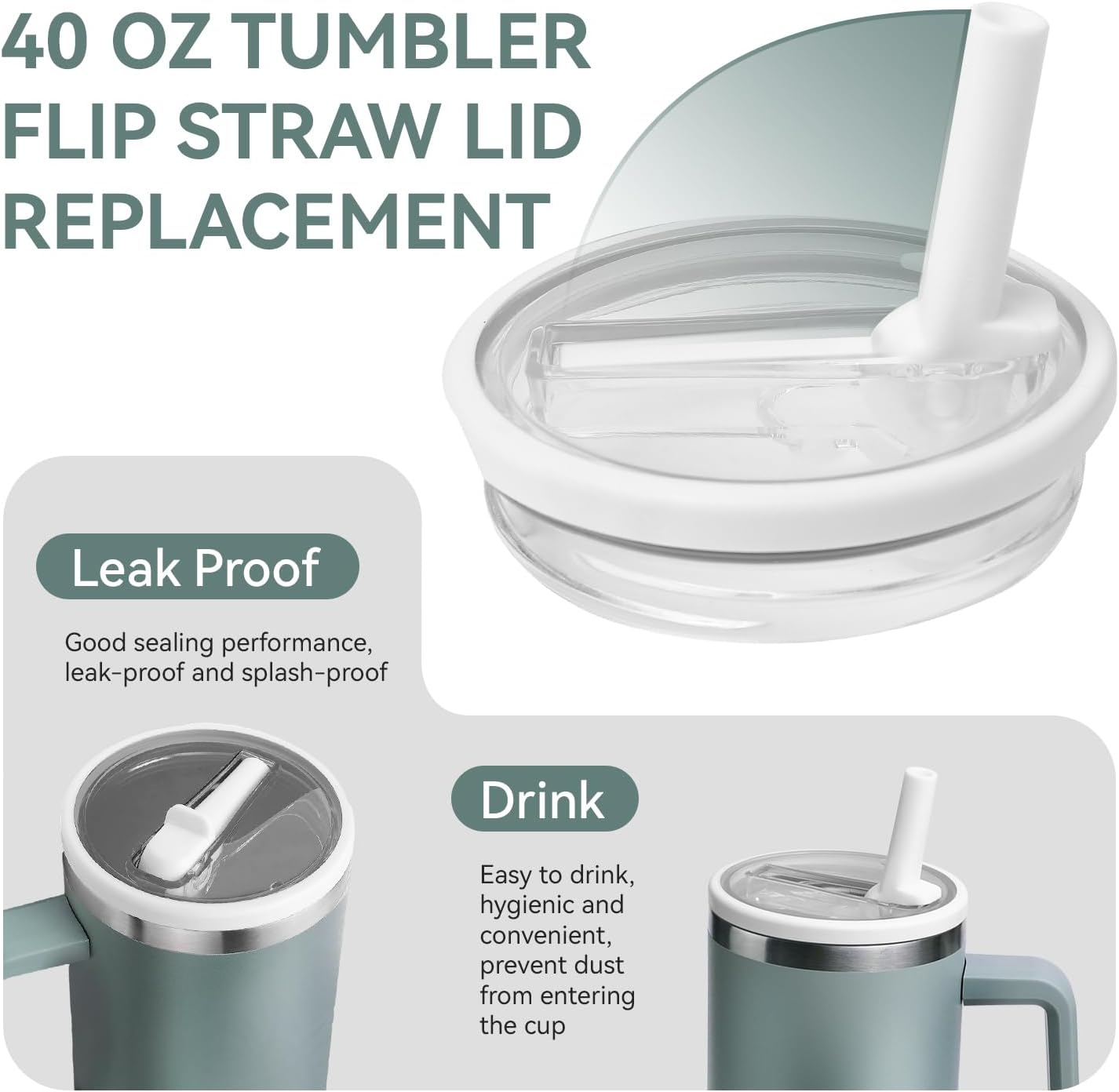 2-Pack Replacement Lids for Stanley Cup 40 oz Quencher with Straw, Spill Proof and Leak Resistant Tumbler Lids, BPA-Free Detachable Covers Compatible with Stanley H2.0, White + Black