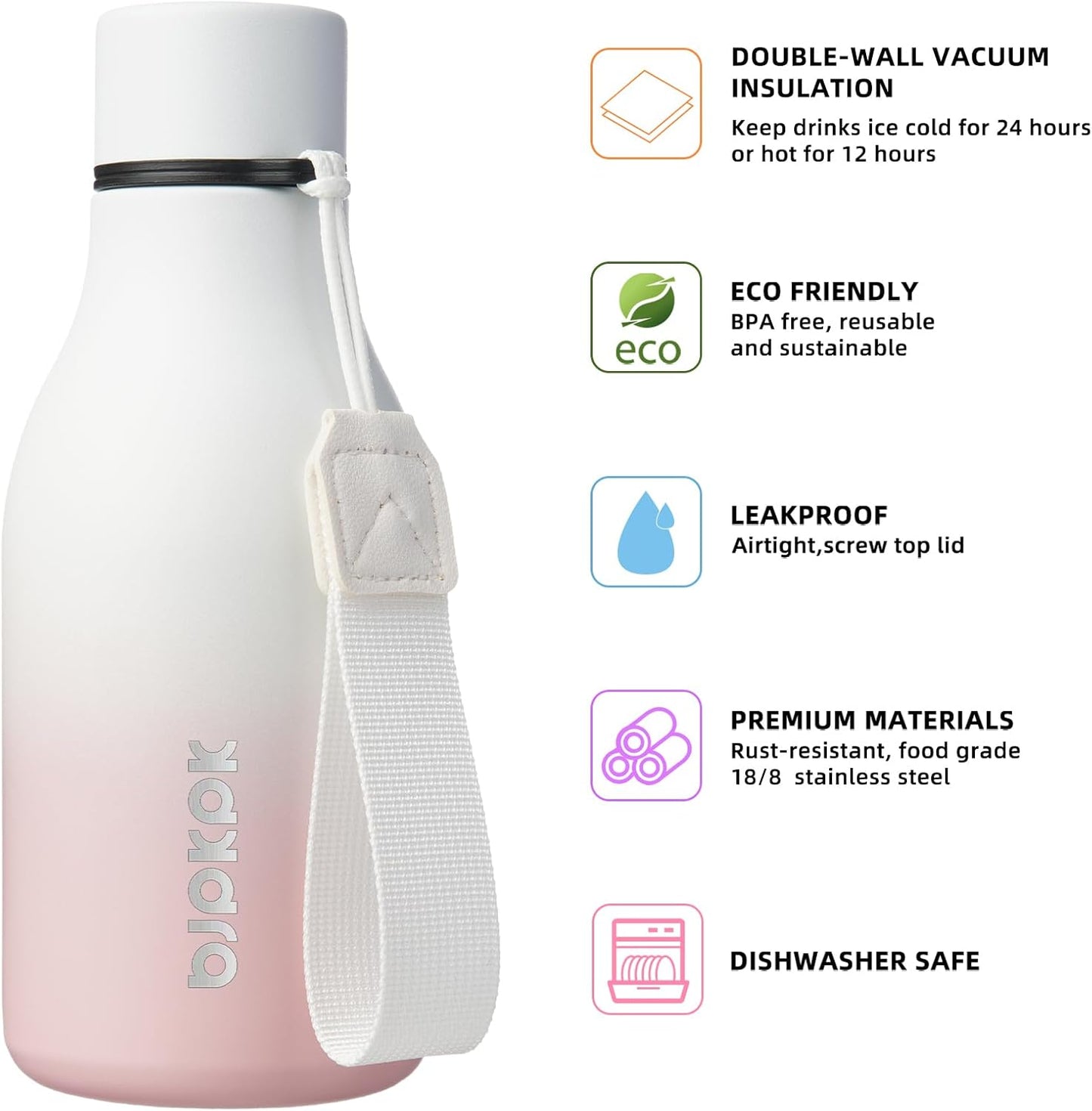 BJPKPK Insulated Water Bottles, 18 oz Stainless Steel Metal Water Bottle with Strap, BPA Free Leak Proof Jugs, Mugs, Flasks, Reusable Thermal Flasks for Sports & Travel, Black - Colors B