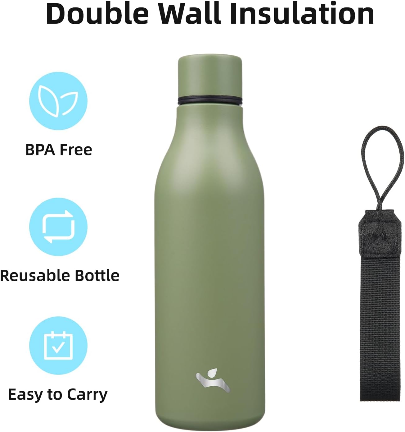 Konokyo Insulated Water Bottle with Strap,18 oz Double Wall Stainless Steel Vacuum Bottles Metal Water Flask,Macaron Green - Colors B