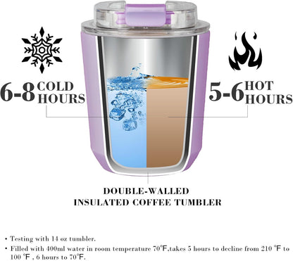 Puraville Insulated Tumblers with Lid, 14 oz Travel Coffee Mug Stainless Steel Vacuum Cup, Leak Proof Reusable Double Walled Coffee Tumbler for Iced and Hot Drinks, Cream