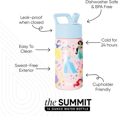 Simple Modern Disney Minnie Mouse Kids Water Bottle with Straw Lid | 14oz Insulated Stainless Steel Kids Tumbler & Spill Proof Toddler Cup for School, Girls, Boys | Summit | Minnie Mouse Fun - Colors B
