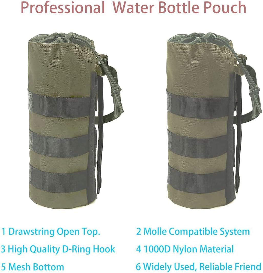 Tactical MOLLE Water Bottle Pouch, 3-Way Attachment: Backpack MOLLE, Belt Loop & D-Ring Hook, Anti-Swing 1000D Nylon Bottle Holder for Hiking Hunting, Fits 18-25oz Flasks