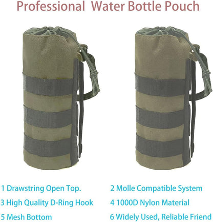 Tactical MOLLE Water Bottle Pouch, 3-Way Attachment: Backpack MOLLE, Belt Loop & D-Ring Hook, Anti-Swing 1000D Nylon Bottle Holder for Hiking Hunting, Fits 18-25oz Flasks