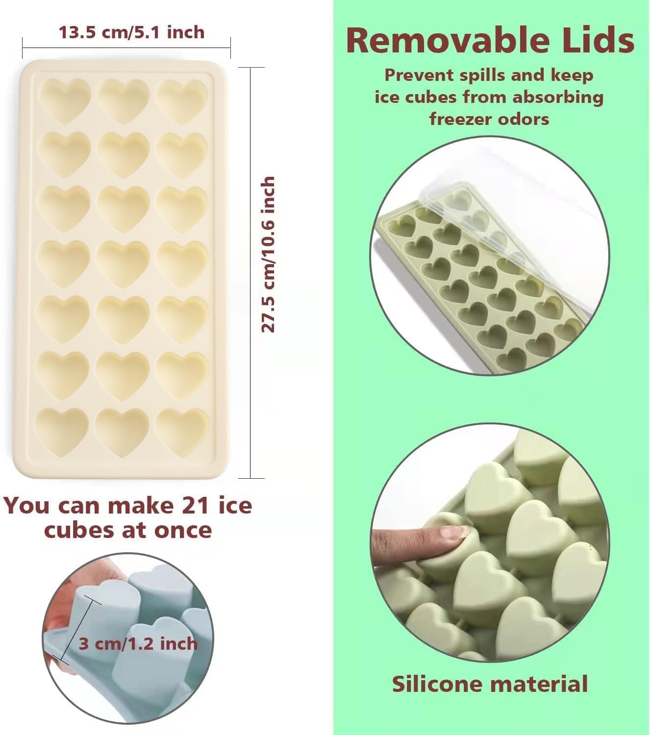 Heart Shape Ice Cube Tray, 21 Holes Silicone Ice Cube Mold with Removable Lid Flexible for Whiskey Cocktail Chocolate