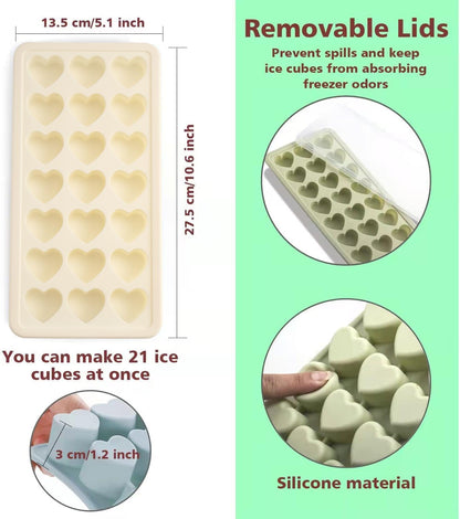 Heart Shape Ice Cube Tray, 21 Holes Silicone Ice Cube Mold with Removable Lid Flexible for Whiskey Cocktail Chocolate