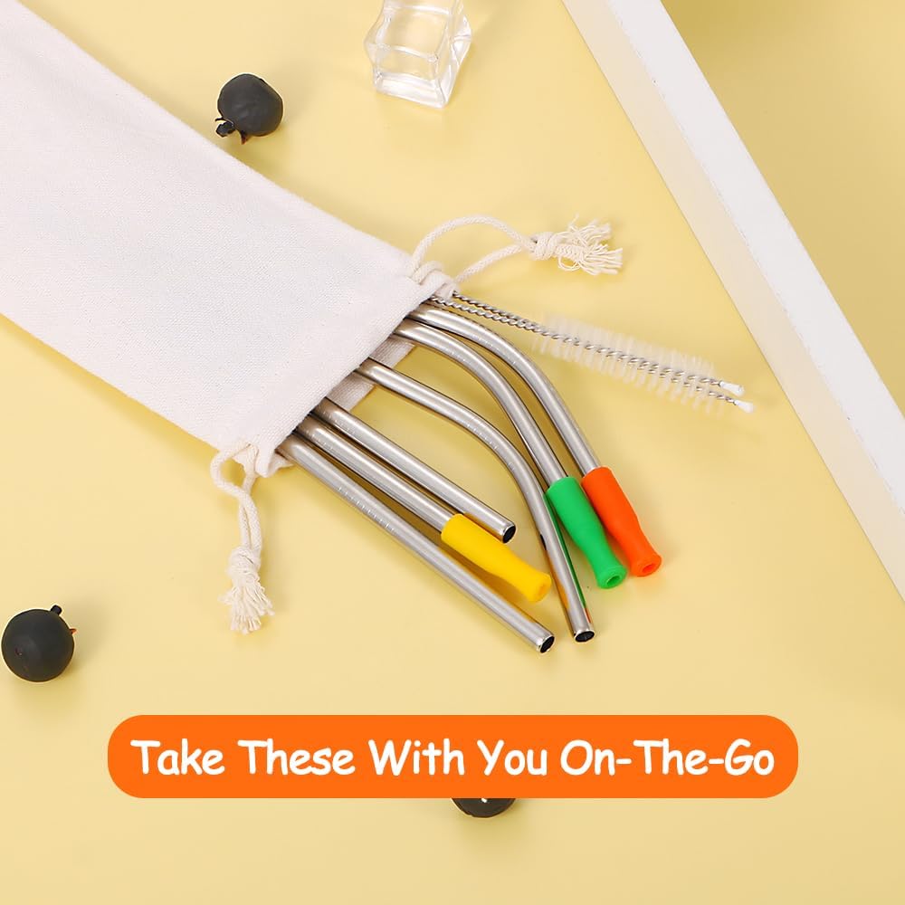 Lazycorner 16 Pcs Metal Straw Reusable 8.5" 10.5" 6mm Stainless Steel Straws for Tumblers 20oz-32oz, Rainbow Drinking Straws with Silicone Tips, 4 Straw Cleaner Brush, 1 Travel Case