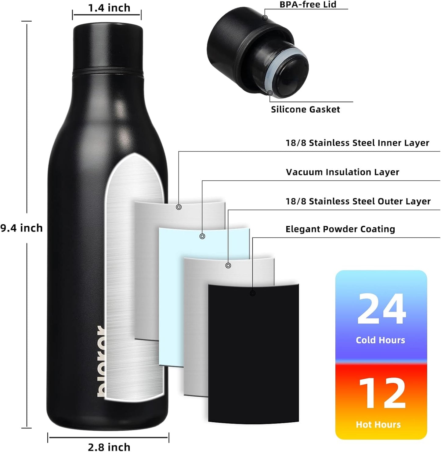 BJPKPK Insulated Water Bottles, 18 oz Stainless Steel Metal Water Bottle with Strap, BPA Free Leak Proof Jugs, Mugs, Flasks, Reusable Thermal Flasks for Sports & Travel, Black - Colors B