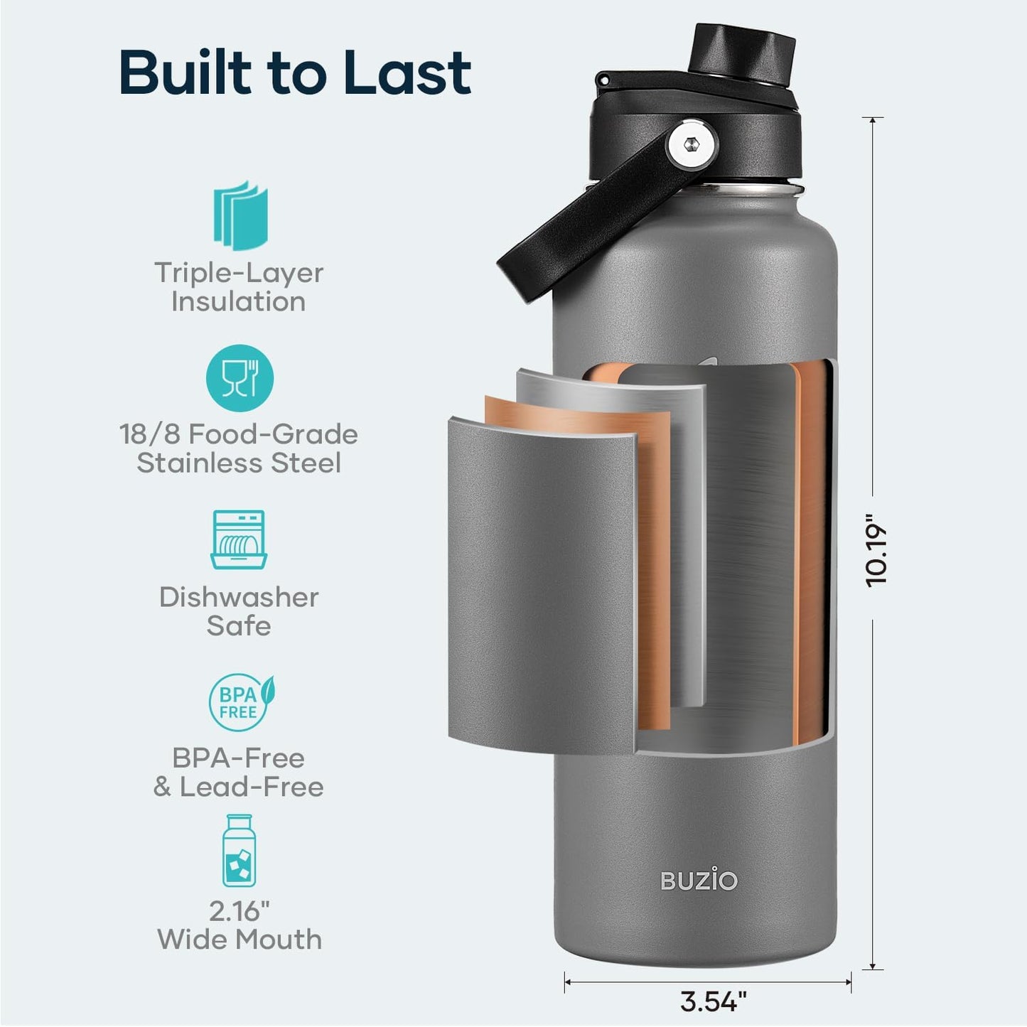 BUZIO 40oz Insulated Water Bottle, Triple Wall Vacuum Stainless Steel Water Flask with 2 lids, Lead-Free BPA-Free Straw Lid Sports Canteen Jug, Cold 48H & Hot 24H- Black - Colors A