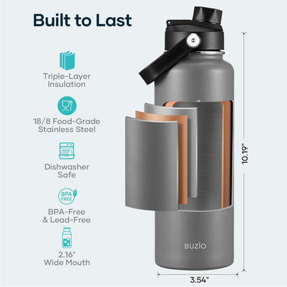 BUZIO 40oz Insulated Water Bottle, Triple Wall Vacuum Stainless Steel Water Flask with 2 lids, Lead-Free BPA-Free Straw Lid Sports Canteen Jug, Cold 48H & Hot 24H- Black - Colors A