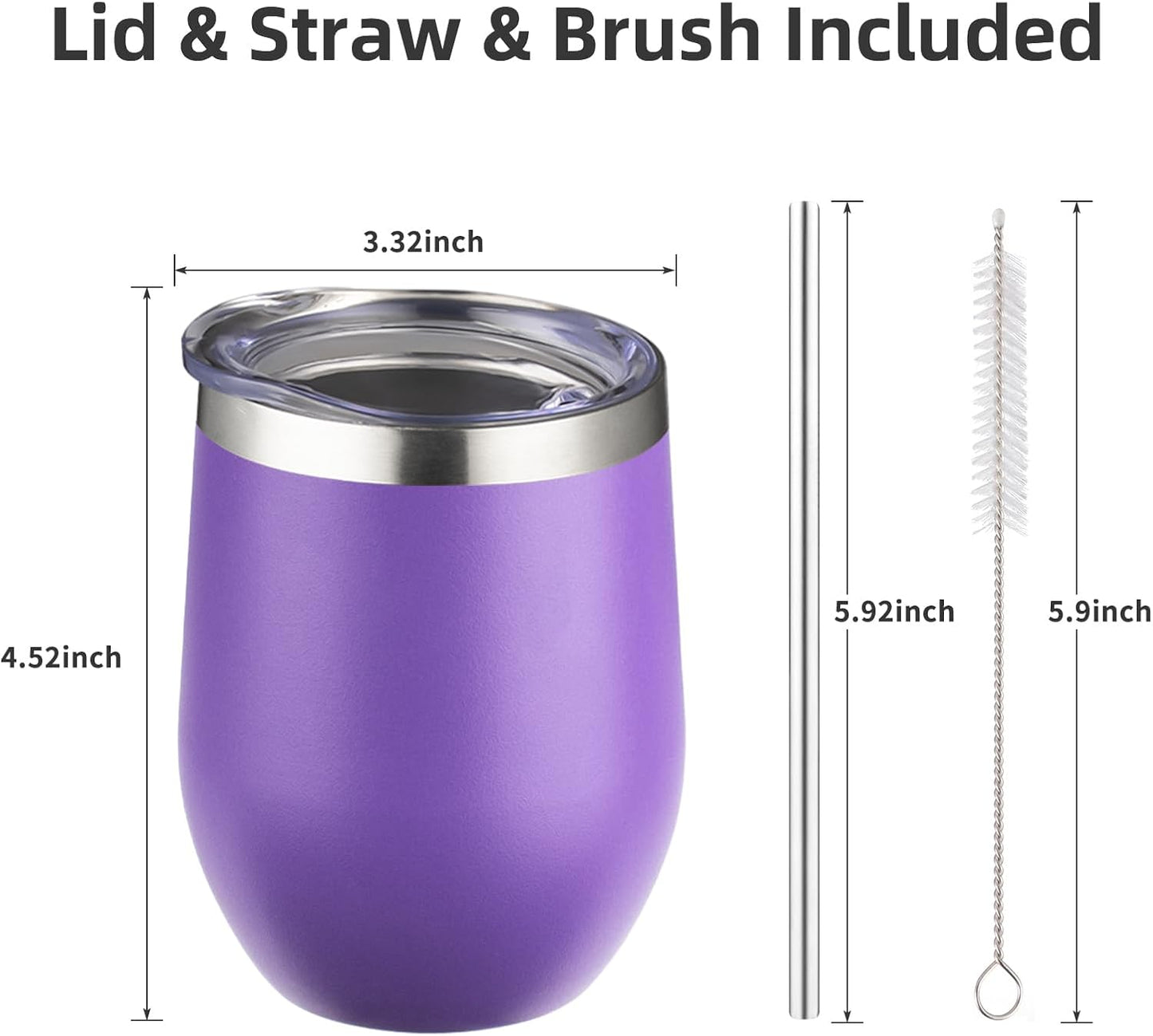 12 oz Insulated Wine Tumbler with Lid and Straw,Stainless Steel Stemless Wine Tumbler Glasses Double Wall Vacuum Wine Cups Tumbler for Coffee,Champaign,Cocktail,Office（Silver,1）