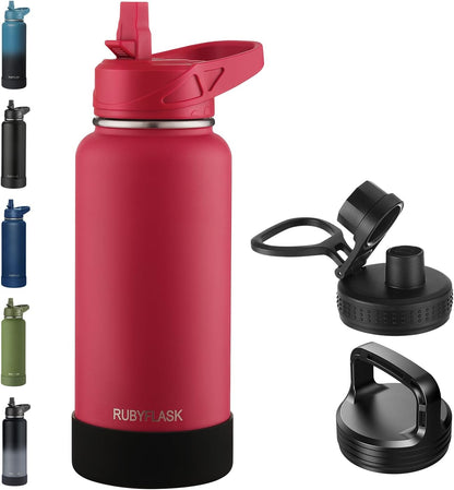 RUBYFLASK 32oz Insulated Water Bottle with Straw, Stainless Steel Metal Vacuum Water Flask, Large Thermal Water bottle with Leakproof 3 Lids for Travel, Camping, Gym Sports Indigo Black