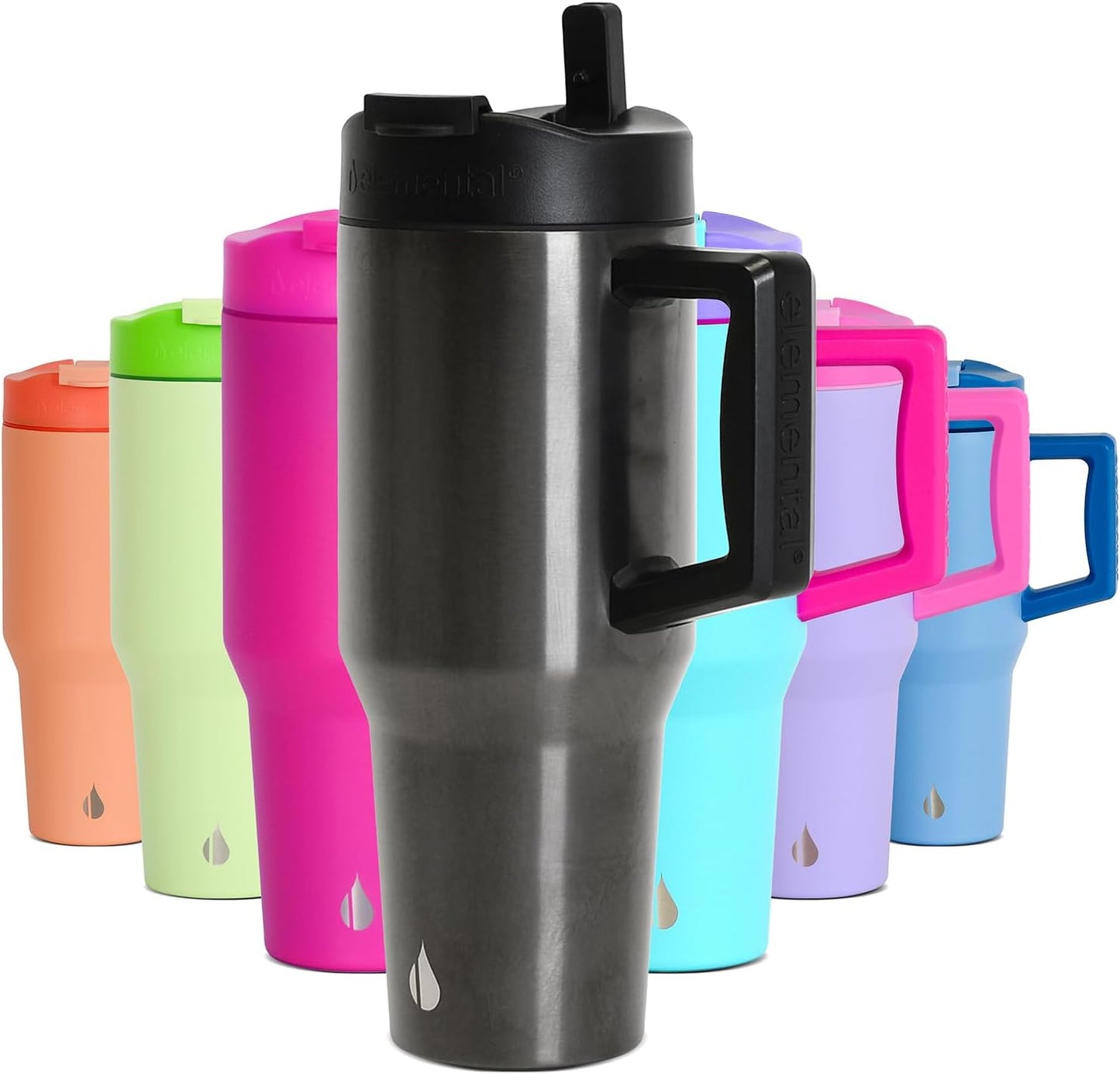 Elemental 32 oz 100% Leak Proof Tumbler with Handle & Straw - Stainless Steel Double Wall Insulated Tumbler for Hot and Cold Beverages - Travel Coffee Mug with Sip & Straw Lid - White - Colors B