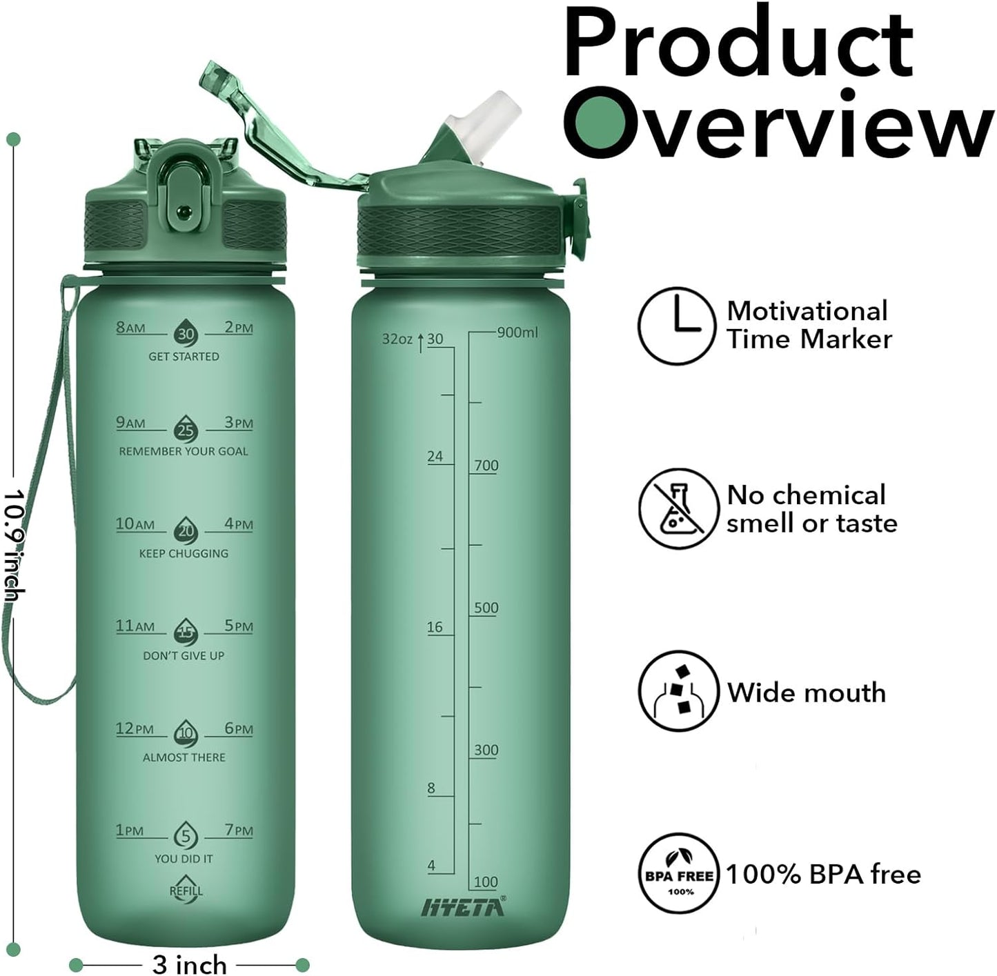 Hyeta 32oz Water Bottles with Straw - Stay Motivated and Hydrated with Convenient Times to Drink Markings, Durable, Leak-proof