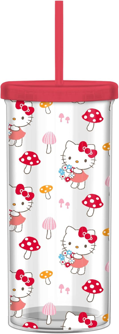 Silver Buffalo Sanrio Hello Kitty Milk Carton Pattern Plastic Boba Tumbler w Lid and Wide Straw, 24 Ounces