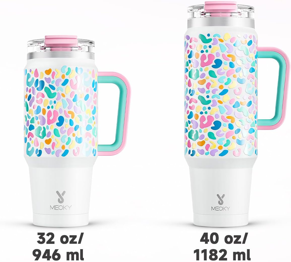 Meoky 32 oz Tumbler with Handle, Insulated Tumbler with Lid and Straw, Stainless Steel Travel Mug, Keeps Cold for 24 Hours, 100% Leak Proof, Fits in Car Cup Holder (Night)