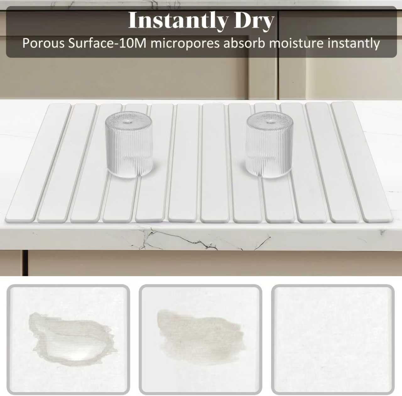 Extra Large Stone Dish Drying Mat for Kitchen Counter, Foldable Quick Dry Dish Drying Mats, Absorbent Diatomaceous Earth Stone Drying Mats for Plate Rack Bottles Cups (Gray Marble 28"×16" & 8"x4")