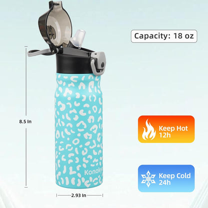 Konokyo 18 oz Insulated Water Bottle with Straw Lid, Stainless Steel Vacuum Sports Water Bottle, Leak-Proof Reusable Metal Flask with Carry Loop, BPA-Free Travel Bottle for Gym, School, Office