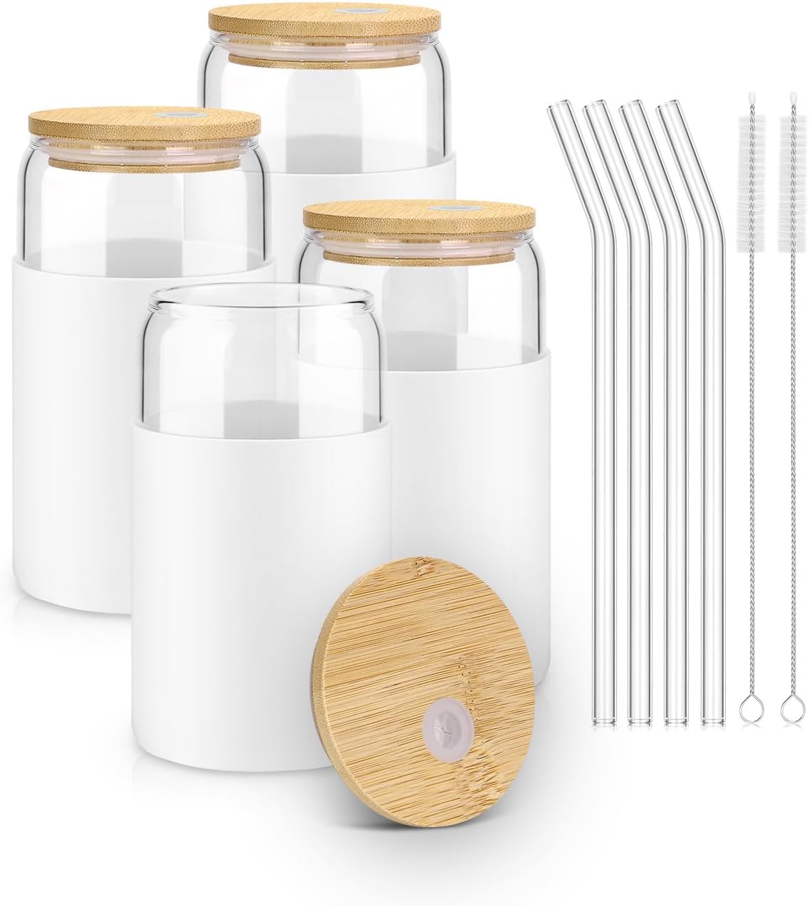 sungwoo 4PCS Glass Cups with Bamboo Lids and Straws, 16OZ Ice Coffee Cup, Drinking Cup set with Wooden Lids, Home Essential Glass Tumblers for Beer, Cocktail, Tea and Latte Clear