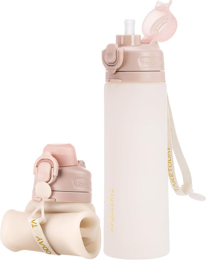TakeToday Collapsible Water Bottles 21oz (600mL), Foldable Platinum Silicone Travel Water Bottle with Straw & Carry Strap, Leak-Resistant Screw Lid, Wide Mouth, BPA-Free for Hiking, Camping, Travel