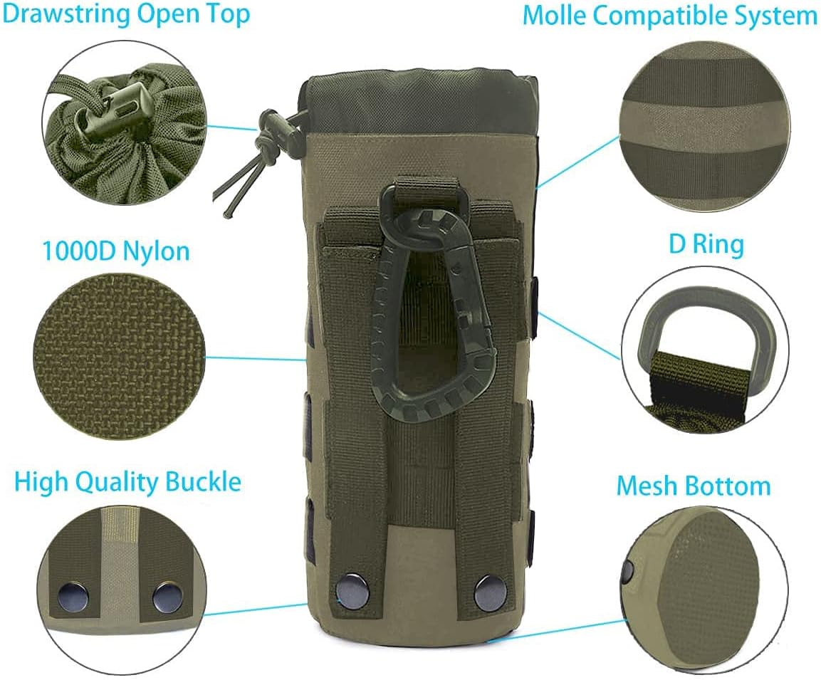 Tactical MOLLE Water Bottle Pouch, 3-Way Attachment: Backpack MOLLE, Belt Loop & D-Ring Hook, Anti-Swing 1000D Nylon Bottle Holder for Hiking Hunting, Fits 18-25oz Flasks