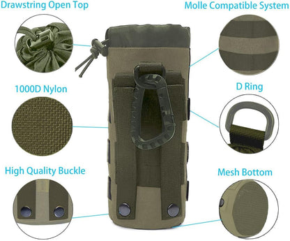 Tactical MOLLE Water Bottle Pouch, 3-Way Attachment: Backpack MOLLE, Belt Loop & D-Ring Hook, Anti-Swing 1000D Nylon Bottle Holder for Hiking Hunting, Fits 18-25oz Flasks