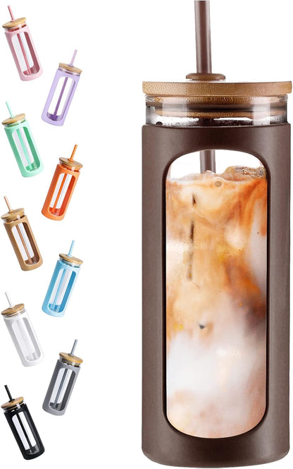 Kodrine 20oz Glass Water Tumbler with Straw and Lid, Bamboo Lids Water Bottle, Iced Coffee Cup Reusable, Wide Mouth Smoothie Cups with Protective Silicone Sleeve BPA FREE-Black - Colors A