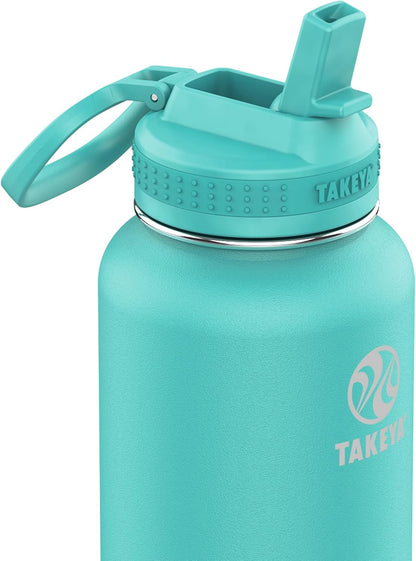 Takeya Pickleball Stainless Steel Insulated Water Bottle with Choice of Lid and Carry Handle, 32 Ounce, Dropshot Teal