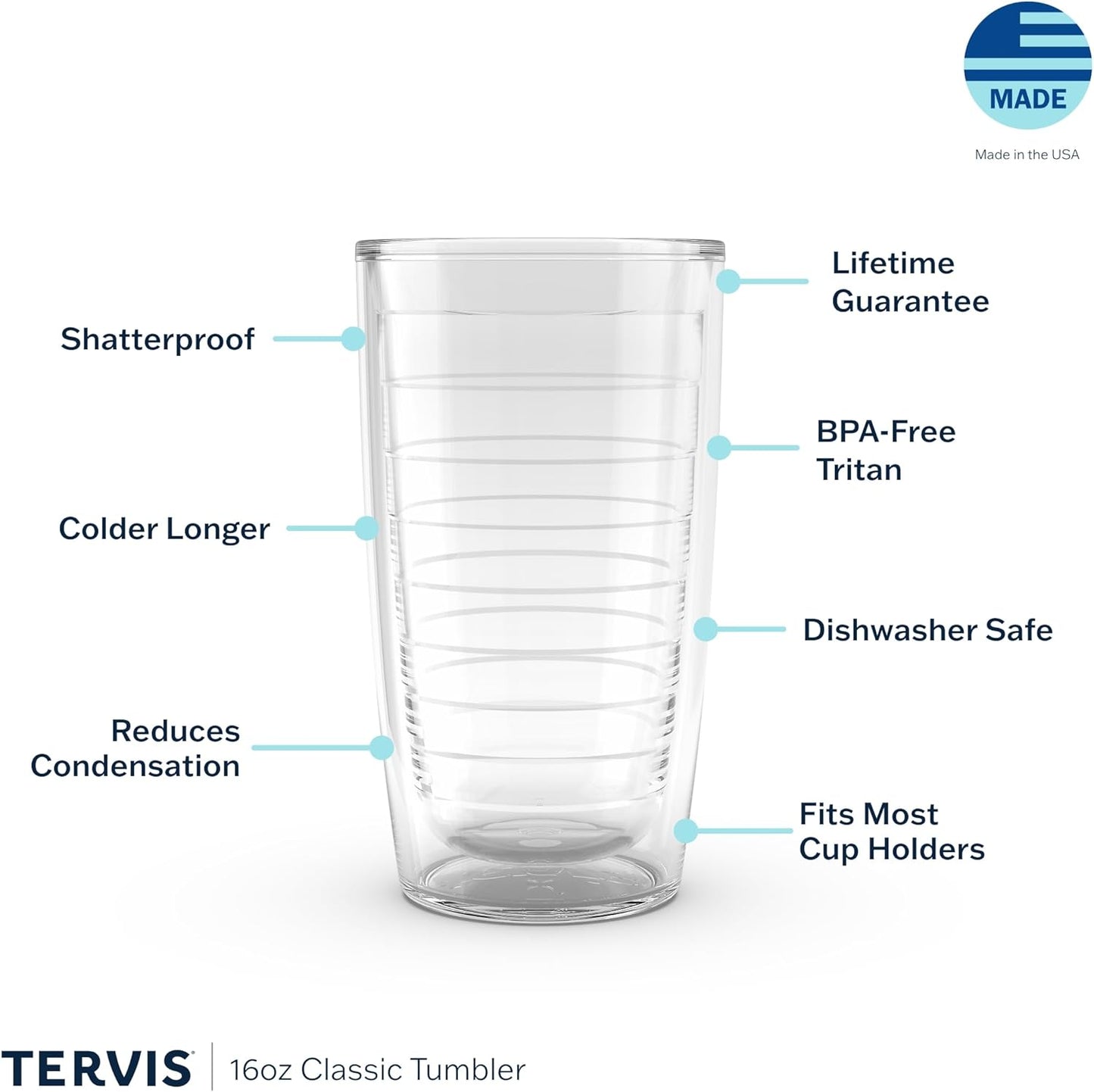 Tervis Clear & Colorful Tabletop Made in USA Double Walled Insulated Tumbler Travel Cup Keeps Drinks Cold & Hot, 16oz Mug, Clear