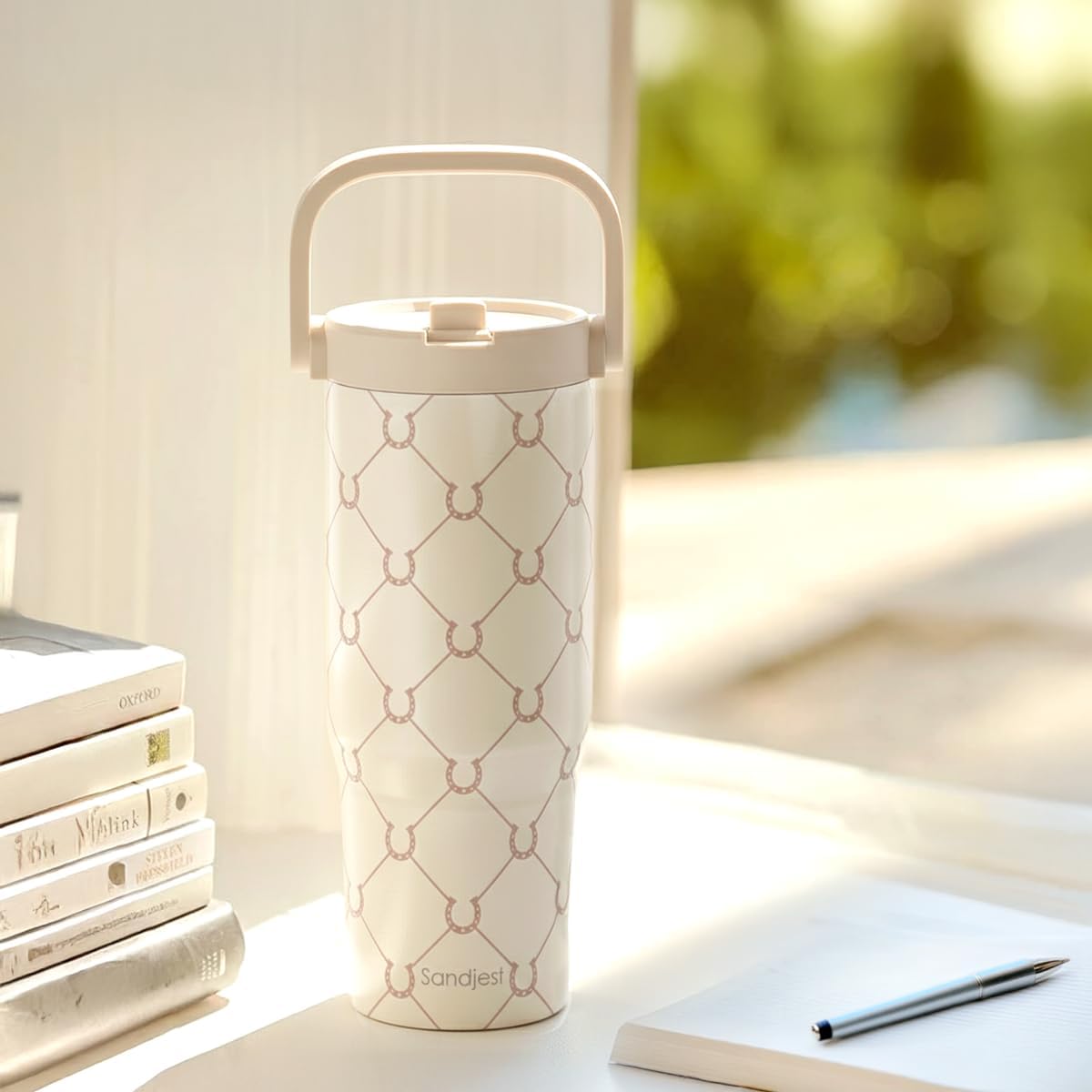 SANDJEST Leopard Skin Stainless Steel Straw Lid Tumbler 30oz with Carry Handle for Women Girls, Insulated Travel Coffee Cup, Gift for Sports Outdoor Workout Christmas Birthday (Beige)