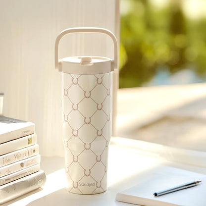SANDJEST Leopard Skin Stainless Steel Straw Lid Tumbler 30oz with Carry Handle for Women Girls, Insulated Travel Coffee Cup, Gift for Sports Outdoor Workout Christmas Birthday (Beige)