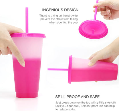FIEKEICC Color Changing Cups with Lids and Straws,7Pcs 24oz Color Changing Tumblers,Reusable plastic tumblers with lids and straw Party Funny Tumbler Ice Cold Drinking Cup for Kids & Adults