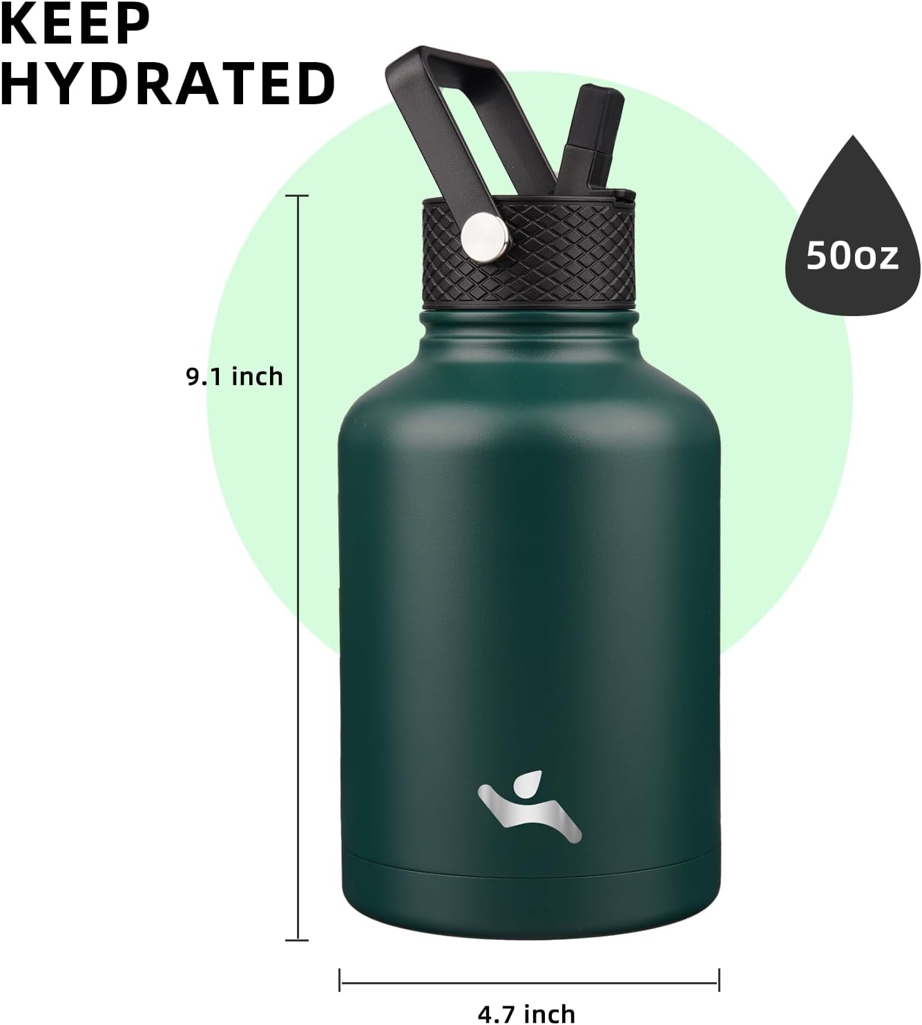 Konokyo 22oz Stainless Steel Bottles with 3 Lids Sport Insulated Water Bottle,Mint