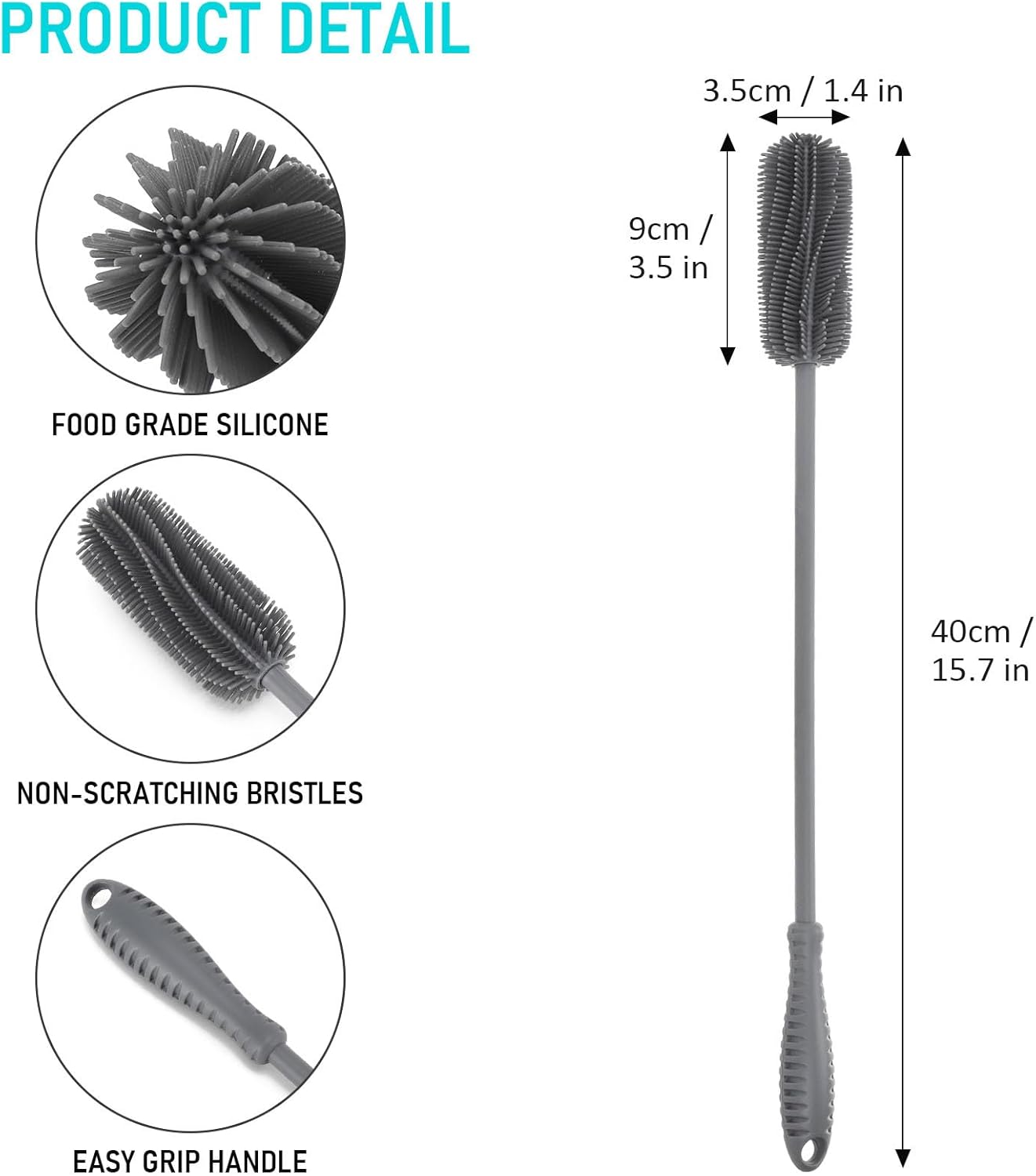 Silicone Bottle Cleaning Brush with Long Handle, 12.5" Water Bottle Cleaner for Baby Bottles, Hydro Flask, Sports Bottle, Vase, Glassware, Perfect for Smaller Diameter Bottle Openings (One Pack)