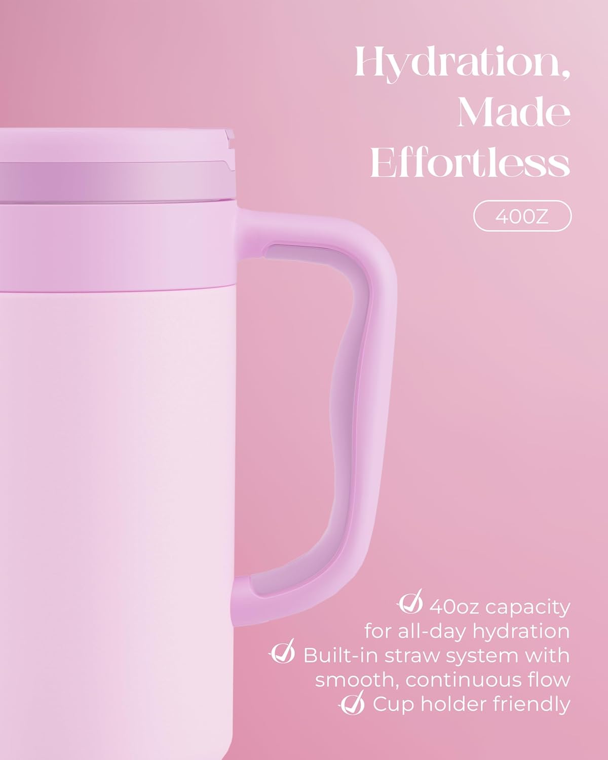 40 oz Insulated Tumbler with Handle and Push-Button Straw Lid, Stainless Steel Travel Cup for Gym Office, Leakproof, BPA-Free, Cup Holder Friendly, Bow Silicone Boot, Purple (Light Lilac)