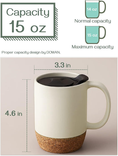 DOWAN Coffee Mugs, 15 oz Mug Set of 2, Large Ceramic Coffee Mug with Cork Bottom and Spill Proof Lid for Mom Dad, Big Mug for Latte Tea, Matte Grey